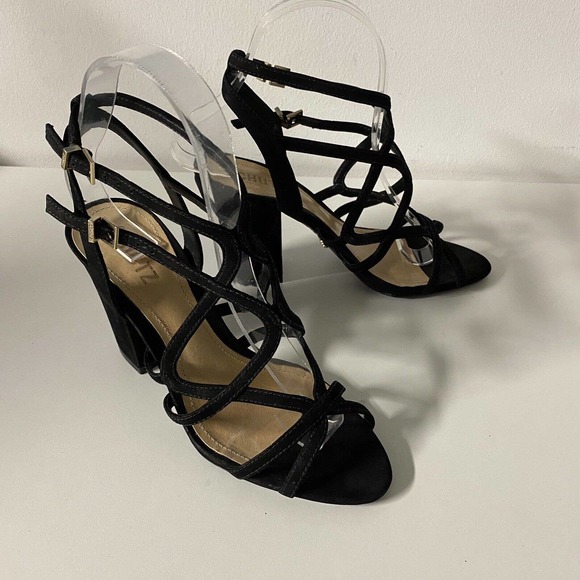 Schutz Sandal Caged Strappy Ankle Strap Nubuck Suede Black Open Toe Bloc… - Picture 3 of 8